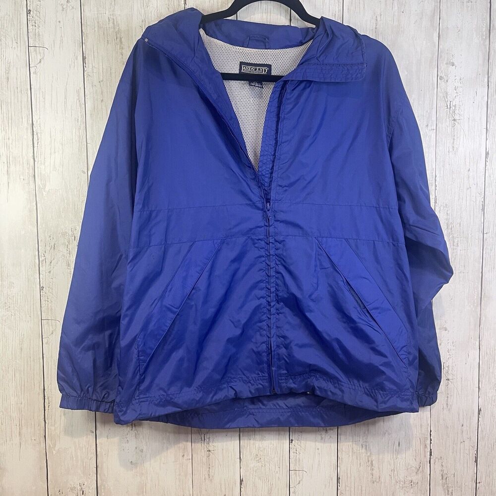Lands End Womens Rain Jacket L Blue Full Zip Mock Neck Windbreaker Athletic FLAW
